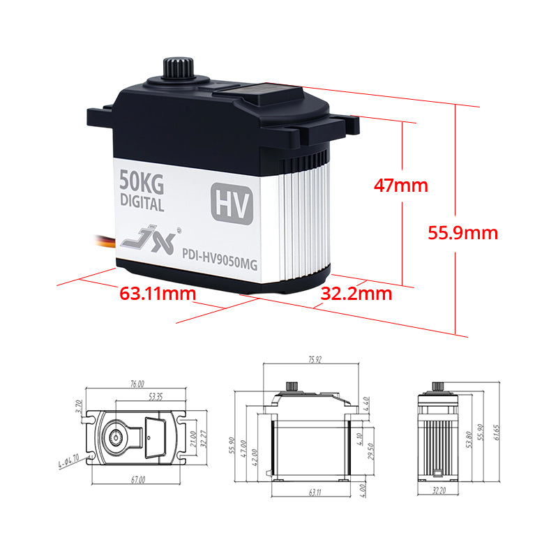 JX PDI-HV9050MG 50KG 180 degree Angle High Precision Metal Gear Digital Standard Servo for 1:5 Scale RC Cars, Baja and Robotics