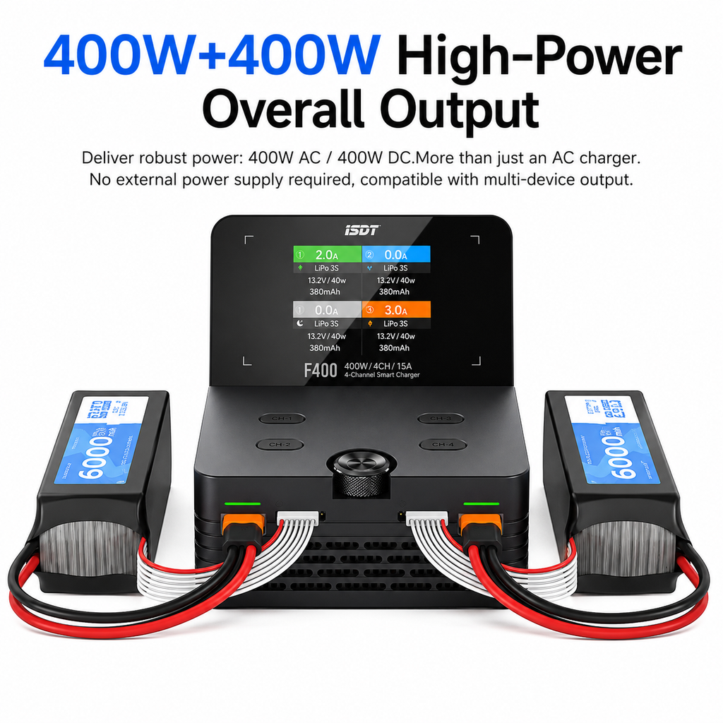ISDT F400 400W AC/DC 4‑Channel Smart LiPo Balance Battery Charger Discharge for FPV Drone RC Car Helicopter